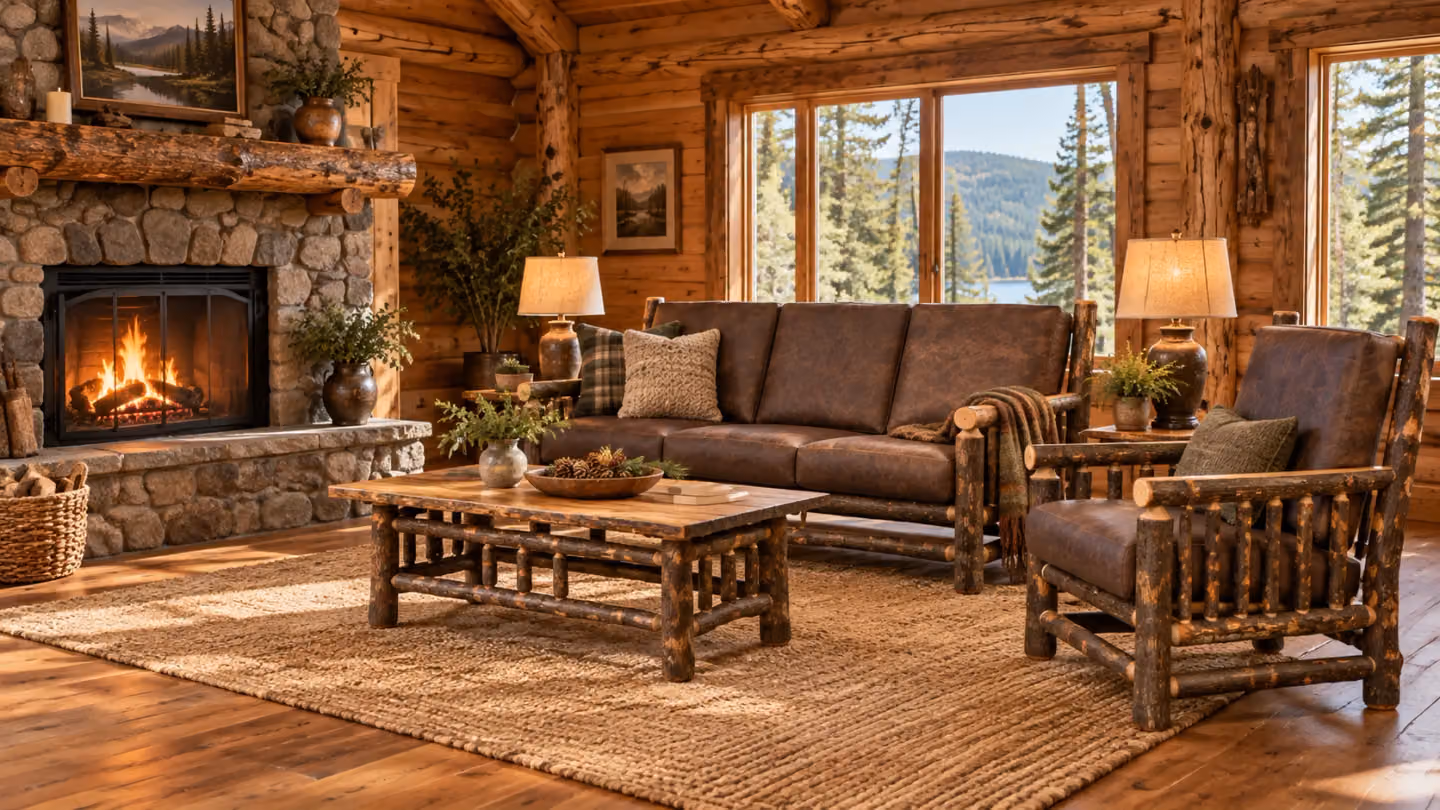 Rustic Amish Hickory furniture in a log cabin